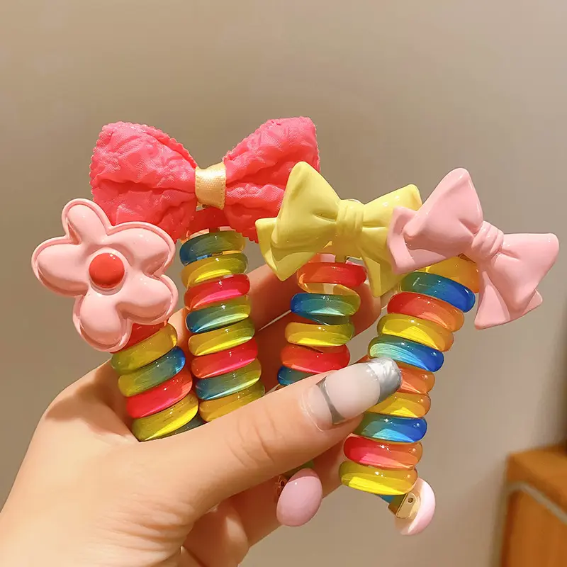 Kids Curly Phone Line Elastic Rainbow Hair Ties For Kid High Ponytail Non-damaging Cute Hair Rubber Band Kids Hair Accessories