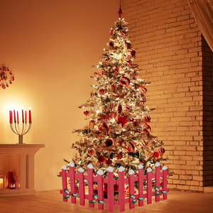 Valla de madera para árbol de Navidad de 90 x 30 cm, roja con puntas blancas y decoraciones de acebo para exhibición navideña - Product Image 4