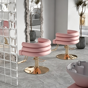 Chaise de coiffeur pivotante de luxe pour femmes, mobilier de salon de beauté moderne, cuir rose, base ronde dorée, petite chaise de coiffure - Product Image 1