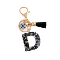 Porte-clés en résine Alphabet avec œil turc bleu, strass et pompon, breloque de sac à main, porte-clés personnalisé avec initiale, bijou fantaisie, cadeau