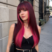 Peluca sintética larga y lisa color rojo vino con flequillo, resistente al calor, venta al por mayor de fábrica, OEM/ODM, personalizada para mujer