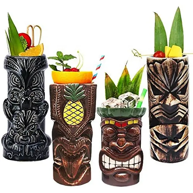 Großhandel handgemachte benutzer definierte lustige Hawaii Tiki Gläser Cocktail Keramik Tassen Sublimation Tiki Tassen