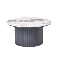 Ensemble de 2 tables basses au design moderne, plateau rond en pierre frittée, base de table en MDF noir sculpté, pour le salon