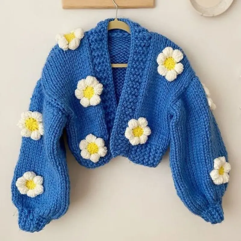 Cardigã de malha com flor de crochê, cardigan de malha com abertura na moda, para inverno