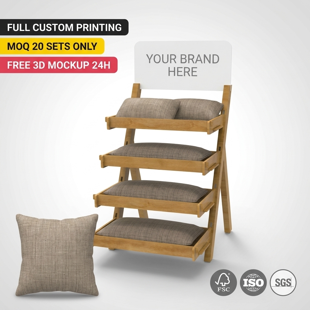 Custom Wooden Linen Pillow Display Rack Foldable A-Frame 4-Tier Wood Textile Stand Retail Wellness Spa Boutique Merchandiser OEM