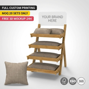 Présentoir pliable en bois pour oreillers en lin, support textile en bois à 4 niveaux en forme de A, pour la vente au détail, le bien-être, les spas, les boutiques, le merchandising, OEM - Product Image 1