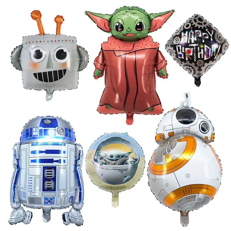 Película de la estrella de la película de la ciencia ficción, BB8 R2D2 Yoda, robot de guerra, globos de aluminio para niños, tema del espacio exterior, decoración para fiesta de cumpleaños