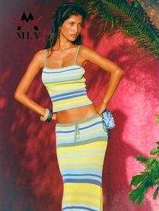 Colorful Striped Print Two Piece Swimsuits Knitted <strong>Cover</strong> <strong>up</strong> Spaghetti Straps <strong>Swim</strong> <strong>Dress</strong> Long Knit Beachwear for Women - Product Image 6