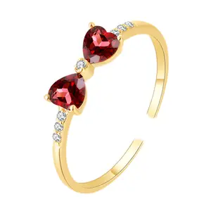 Fine 925 sterling silver 14K gold full diamond heart shape ruby diamond bow opening adjustable ring for women