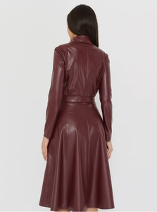 Elegante abito da donna in pelle <span class=keywords><strong>bordeaux</strong></span> abito Midi con cintura a manica lunga con bottone frontale per feste e Casual - Product Image 3