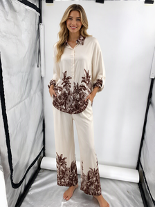 Completo <span class=keywords><strong>Donna</strong></span> all'Ingrosso, Set con Maniche Lunghe e Pantaloni, Stampa Vintage, Camicia Casual con Colletto, Pantaloni a Gamba Larga, Elegante Completo Estivo da <span class=keywords><strong>Donna</strong></span> - Product Image 4