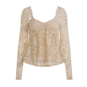 เสื้อยืดแขนยาวคอเหลี่ยมแต่งลูกไม้สำหรับผู้หญิง ผ้าไนลอนรักษ์โลก ทรงเข้ารูป พร้อมบราในตัว - Product Image 6