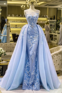 Charmant <span class=keywords><strong>bleu</strong></span> <span class=keywords><strong>ciel</strong></span> sirène soirée <span class=keywords><strong>robe</strong></span> <span class=keywords><strong>de</strong></span> bal sans manches paillettes <span class=keywords><strong>robe</strong></span> longue florale avec balayage train - Product Image 2