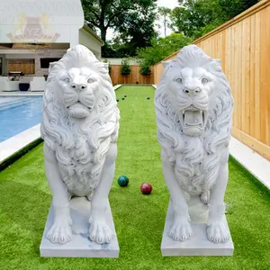 Estatua de Leones de piedra decorativa para entrada al aire libre, estatua de mármol blanco de León, escultura de un par de leones de mármol