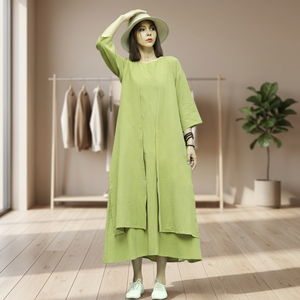 Robe midi vintage 100 % coton pour femme, manches cloche, col en V, taille haute, coupe trapèze, respirante, avec nœud, coupe ample, toutes saisons, grandes tailles - Product Image 3