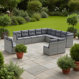 Ensemble de canapés de jardin modulaires modernes en rotin gris PE, capacité de 10+ places, meubles d'extérieur - Product Image 2