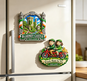 Aimant de réfrigérateur en résine imprimée UV 3D, personnalisé, avec le château de Blarney, le vélo et les deux trèfles, souvenir d'Irlande, cadeau OEM - Product Image 3