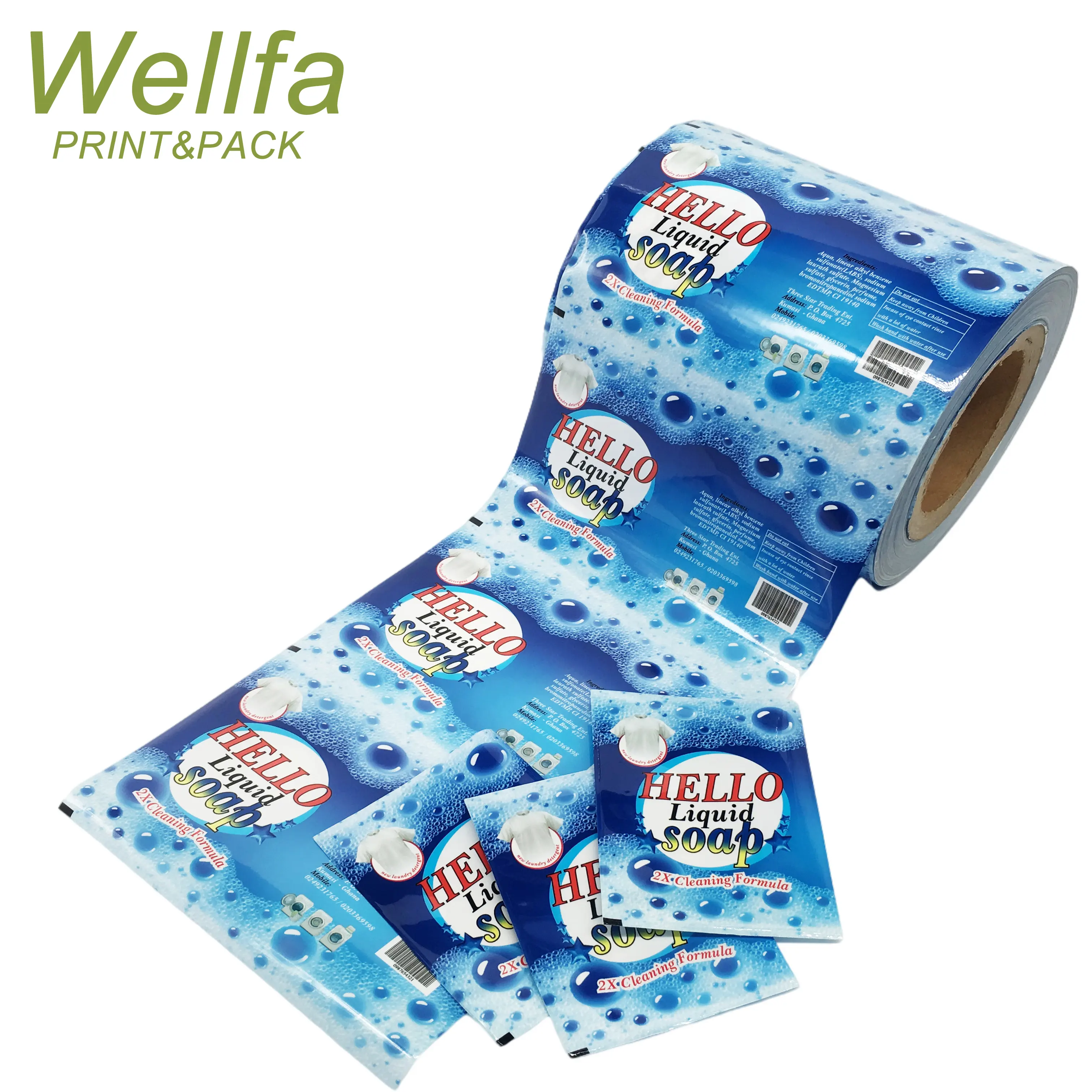 Rollo de película de embalaje para envolver detergente líquido, sellable al calor, resistente, impresión personalizada de fábrica, bolsa de detergente líquido