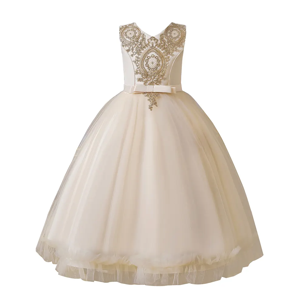 Wholesale High Quality 10 Years Old Embroidery Bow Gown Flower Girl Princess Dress for Party kids wedding birthday prom dress