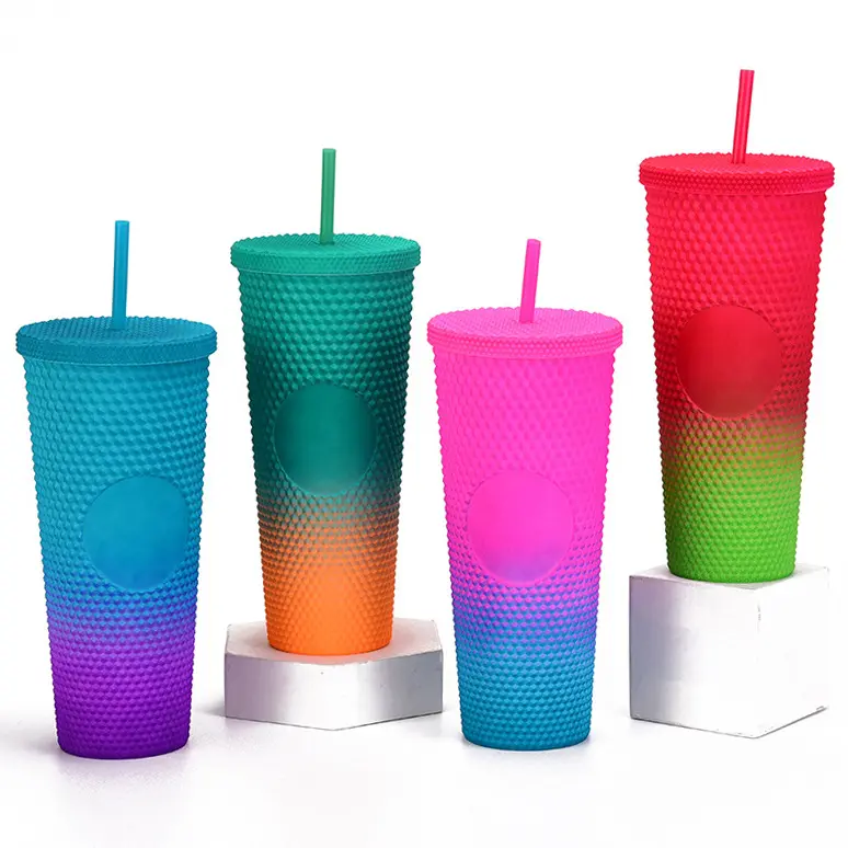 Hot sale 24OZ Double Wall acrylic reusable cup Light Blue Purple Black Matte plastic studded tumbler with straw