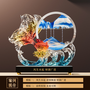 Ornement de peinture au sable Poisson Rouge en résine et verre, Nouveau Décor Chinois Chic pour Salon, Entrée, Meuble TV, Cadeau - Product Image 3