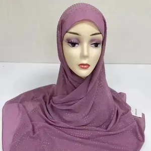 MS-2132 Wholesale Women Solid Color Shawls Headband Hijabs Scarves Arab Muslim Chiffon Hijab Scarf With Crystal Drilling