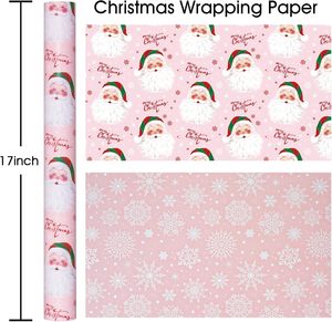 Papel de regalo navideño de aluminio con un patrón de cabeza de Papá Noel rosa, impreso por ambos lados con copos de nieve, personalizable. - Product Image 2