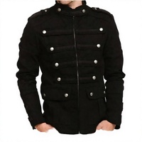 Blouson Bomber Zippé Homme Noir Tissé Enduit Col Montant Logo Avant Capuche Style Gothique Steampunk Vintage Printemps Streetwear