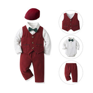 Ensemble de vêtements pour garçons, bleu clair, barboteuse à manches longues, <span class=keywords><strong>gilet</strong></span> bleu marine, pantalon + chapeau pour bébé et tout-petit, tenue printemps automne, 4 pièces - Product Image 5