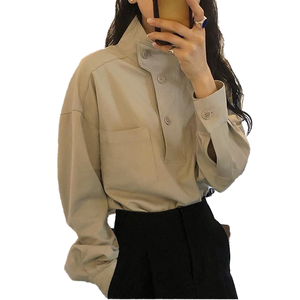 2021 automne Collection femmes décontracté solide écologique coton bouton à manches longues chemise coréen Chic col montant diagonale - Product Image 4