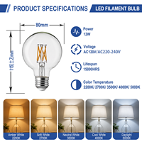 Lampe à filament LED G25 G80 E26 à lumière chaude 12W 1600LM, luminosité réglable pour l'éclairage d'ambiance des cafés et restaurants