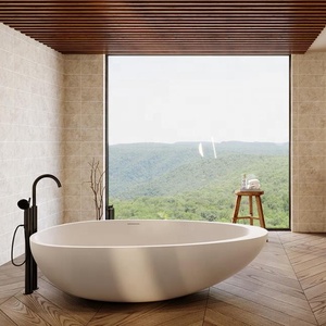 BR012 Bañera de inmersión independiente blanca Resina de terrazo de piedra con escurridor y grifo incluidos Hecho de piedra artificial - Product Image 3