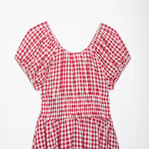 Abito Midi da Donna Personalizzato Primavera 2026 con Maniche a Sbuffo in Gingham, Vita Aderente e Gonna Svasata a Trapezio, OEM/ODM da Fabbrica Cinese - Product Image 4