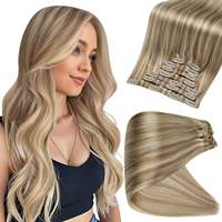 Extensiones de Cabello Virgen 12A, Lisas y Sedosas, con Clip, Cabello Vietnamita Natural, Reflejos Marrón Claro, Mechones Rubios Miel