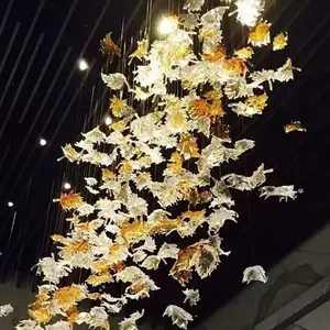 Modern large hotel restaurant project decoration Home Ceiling hanging decor handmade art craft Glass Maple Leaf