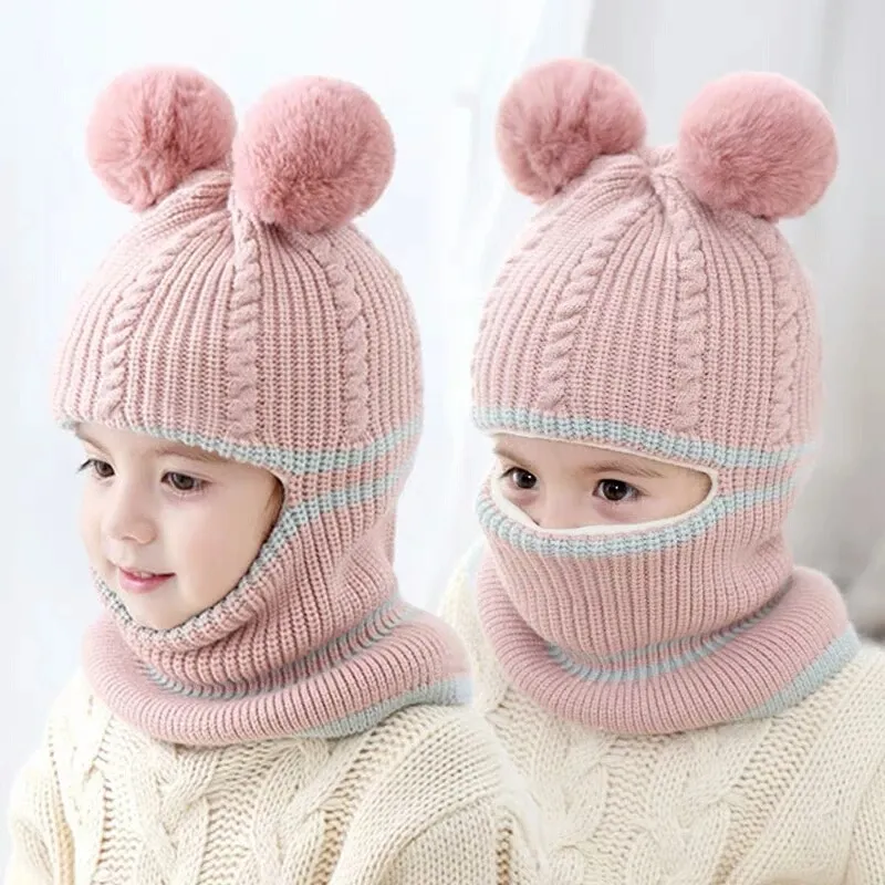 Nuovo autunno inverno Baby Toddler cappelli berretti spessi di lana ragazzi ragazze caldi berretti di un pezzo sciarpa orso cappello carino due palline 2-5 anni