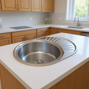 Évier de cuisine ovale en acier inoxydable, simple bac, à encastrer, surface polie, design contemporain - Product Image 2