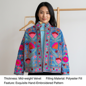 Chaqueta de terciopelo bordada para mujer, con estampado floral, cuello mandarín, manga larga, ropa de abrigo para otoño - Product Image 3
