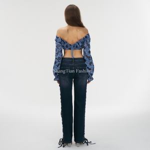 Jeans de Mezclilla para Mujer al por Mayor, Personalizados, Lavados, con Cordones Laterales, Jeans de Moda para Mujer - Product Image 4