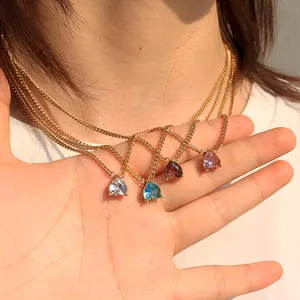 Fashion Cuban Chain Gold Heart Necklace Color Gemstone Diamond Necklace Love Crystal Zircon Necklace Party Gold Plated Jewelry