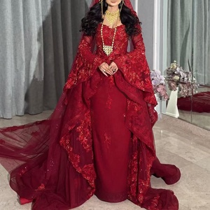 Robes de <span class=keywords><strong>soirée</strong></span> pour femmes en cristal luxueuses de Dubaï à manches longues avec appliques rouges personnalisées et voile - Product Image 1