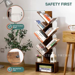Rustic Wooden <b>Tree</b>-Shaped Bookshelf Standing Floor <b>Book</b> Storage Rack For Bedroom Study Decorative <b>Shelf</b> With Sturdy Base - Product Image 2