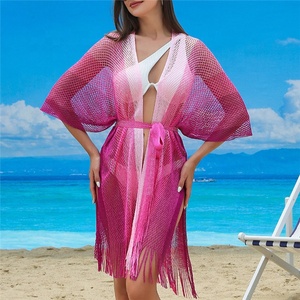 2024 femmes dégradé Bikini plage couvrir robe mode franges fendu tricoté crochet évidé vacances vêtements de plage avec <span class=keywords><strong>ceinture</strong></span> - Product Image 6