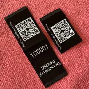 neat edge loop fold workable QR code design woven label,high density unique QR code fabric clothing tags for garment