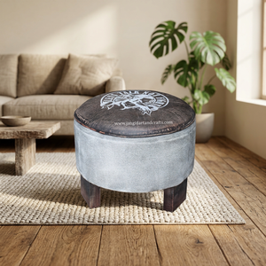 Modern Style Pu Leather Pouff & <b>Canvas</b> Ottoman Footstool <b>Wooden</b> Leg Handmade Jangid Art Crafts Living Room Home Hotel - Product Image 1