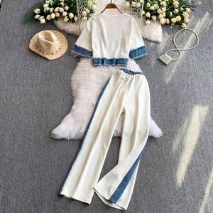 2025 Casual Summer 2-Piece Women's V-neck Short Sleeve High Waist <b>Patchwork</b> Woven Denim Tassel One Set Breathable Anti-static - Product Image 4