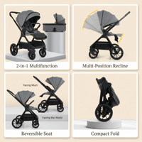 Poussette Bébé 3-en-1 Multifonction avec Siège Réversible, Inclinaison Multi-Positions, Pliage Compact, Nacelle et Landau pour Nouveau-né – Vente en Gros