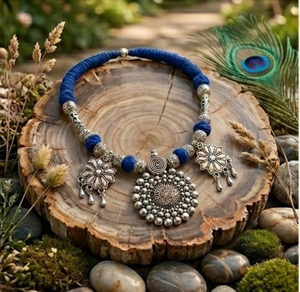 DIVYORO Boho Chic <b>Blue</b> <b>Bead</b> and Oxydized Silver Floral Pendant Necklace Designer Handmade Ethnic Statement Jewelry for Women - Product Image 2