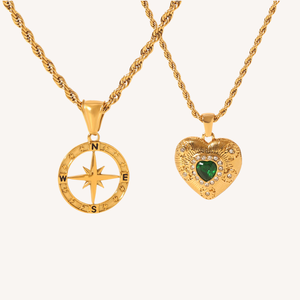 Ensemble de pendentifs boussole mode en acier inoxydable avec cœur en zircon Ensemble de colliers sans nickel Chaîne en corde de style tendance plaqué or - Product Image 1