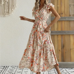 Vestido de Verano para Mujer, Estilo Europeo y Americano, Escote en V Profundo, con Volantes, Floral, Tejido a Crochet, Largo hasta la Rodilla, Cintura Alta - Product Image 2